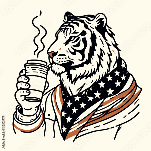tiger wear american flag Drinking coffee. Funny Animal Vector Clip art. Feline patriot sip brew glory garment morning beverage.