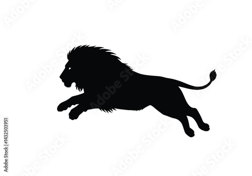 Lion jumping silhouette. This image shows a vector clipart illustration design of a lion in mid-leap, depicted as a black silhouette with a detailed mane and tail. Vector clipart illustration design.