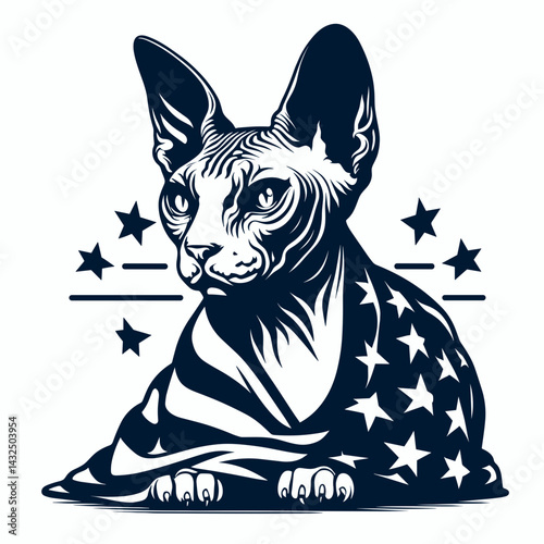 Sphynx Cat with american flag. Funny Animal Vector Clip art. Hairless feline holding usa banner patriotic domestic.