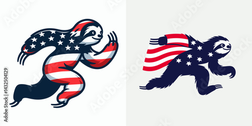 sloth wear american flag running. Funny Animal Vector Clip art. Patriotic attire freedom sprint.