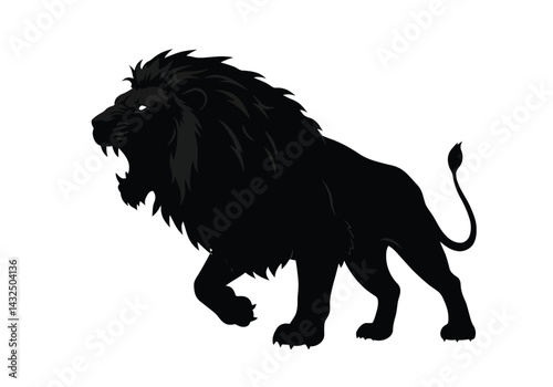 Lion roar silhouette. This image shows a black silhouette of a roaring lion with a detailed mane, symbolizing strength, wilderness, and dominance. Vector clipart illustration design.