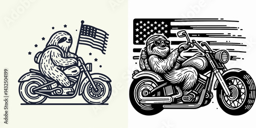 sloth wear american flag ride a classic motorcycle. Funny Animal Vector Clip art. patriot attire vintage motorbike journey.