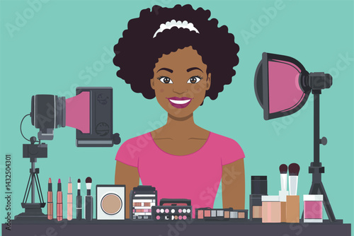African woman recording YouTube content with tripod, makeup items and lights, content creator scene vector illustration