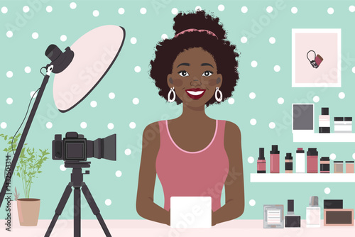 African woman recording YouTube content with tripod, makeup items and lights, content creator scene vector illustration