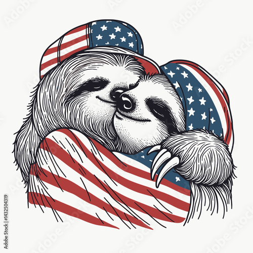 sloth wear american flag Intimate Forehead Kiss. Funny Animal Vector Clip art. Patriotic attire tender brow caress affection moment.