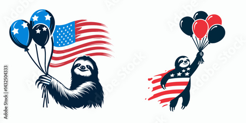 sloth wear american flag Holding balloons or releasing them together. Funny Animal Vector Clip art. Patriotic attire flying inflated sphere decoration.