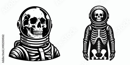 skeleton in astronaut costume. Funny Animal Vector Clip art. Spaceman bone apparel cosmic attire spooky suit outer space.
