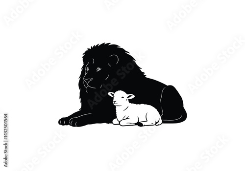 Lion and lamb silhouette. This image shows a black silhouette of a lion lying down next to a white silhouette of a lamb, symbolizing peaceful coexistence. Vector clipart illustration design.