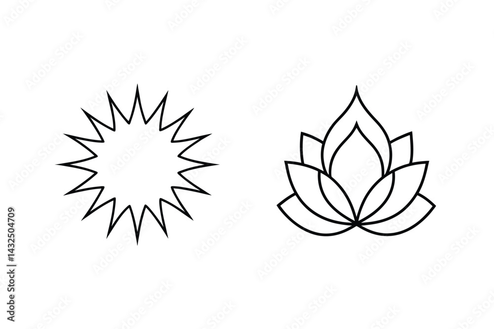 Obraz premium Minimalist Sun And Lotus Flower Line Art Vector Icons Design