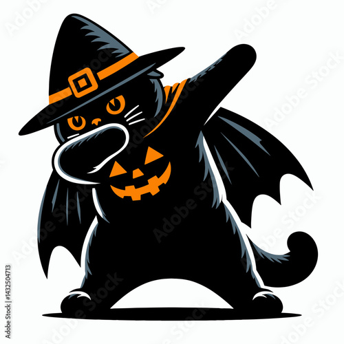 Scottish Fold Cat wear halloween costume and pose dabbing. Funny Animal Vector Clip art. Folded feline in performs dab move during october festivity.