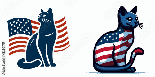 Russian Blue Cat with american flag. Funny Animal Vector Clip art. Patriotic feline gray breed usa banner image.