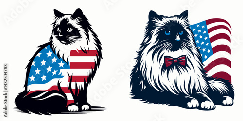 Ragdoll Cat with american flag. Funny Animal Vector Clip art. Feline breed patriotic banner kitty domestic pet.