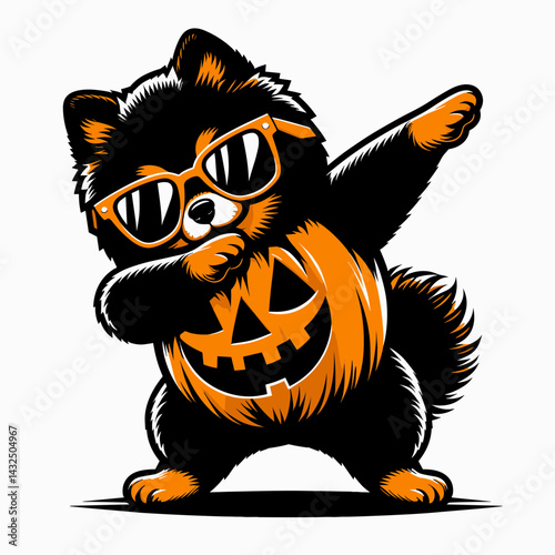 Pomeranian Dog wear halloween costume and pose dabbing. Funny Animal Vector Clip art. Canine trick-or-treat outfit with dab dance action shot.