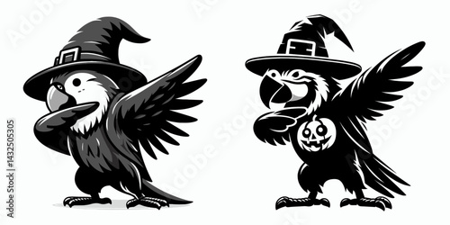 Parrot wear halloween costume and pose dabbing. Funny Animal Vector Clip art. Avian festive garb making fun motion for october celebration.