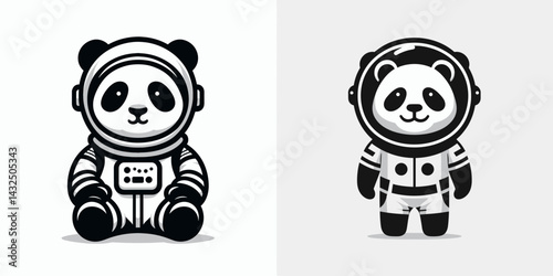 Panda in astronaut costume. Funny Animal Vector Clip art. Space bear outer cosmic adventure celestial garment image.