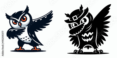 Owl wear halloween costume and pose dabbing. Funny Animal Vector Clip art. Spooky avian attire gala garb do cool hip-hop move.