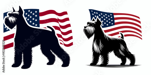 Miniature Schnauzer Dog with american flag. Funny Animal Vector Clip art. Patriotic canine stars and stripes.