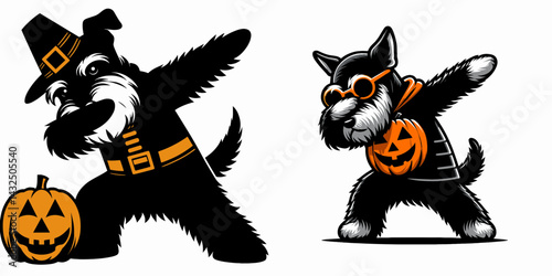 Miniature Schnauzer Dog wear halloween costume and pose dabbing. Funny Animal Vector Clip art. Canine celebrate spooky trick adorable dachshund doing dab.