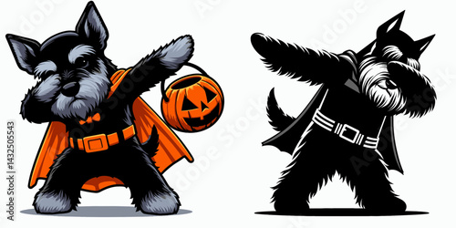 Miniature Schnauzer Dog wear halloween costume and pose dabbing. Funny Animal Vector Clip art. Tiny canine in playful attire makes dab form.