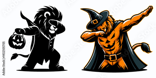 Lion wear halloween costume and pose dabbing. Funny Animal Vector Clip art. Feline in outfit celebrating trick or treat making gesture.
