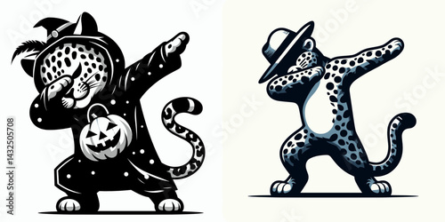 Leopard wear halloween costume and pose dabbing. Funny Animal Vector Clip art. Feline fancy dress fall gala making joyful motion.