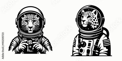 Leopard in astronaut costume. Funny Animal Vector Clip art. Feline cosmonaut attire nebula garment wildcat space travel.