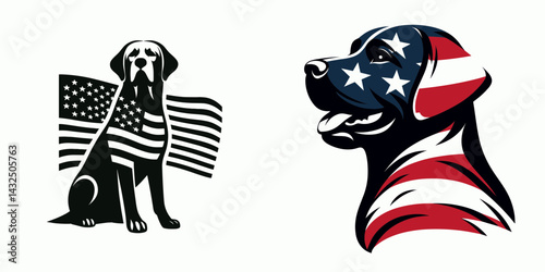 Labrador Retriever Dog with american flag. Funny Animal Vector Clip art. Golden canine nation emblem pet loyalty friend.