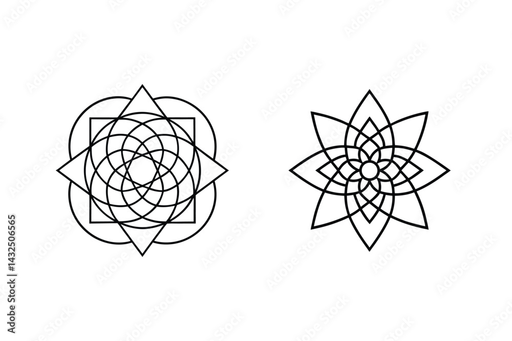 Fototapeta premium Two Intricate Geometric Designs With Complex Line Art Shapes Vector Illustration