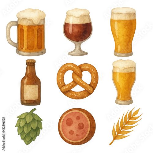 Rustic watercolor illustrations of beer glasses, bottles, pretzel, hops, pizza, and wheat great for Oktoberfest, pubs, or brewery themes PNG