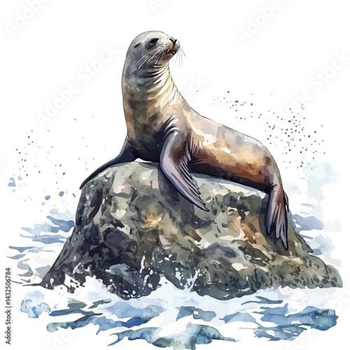 Sea Lion Resting On A Rock In The Ocean, vector watercolor illustration, isolated on a white background.
