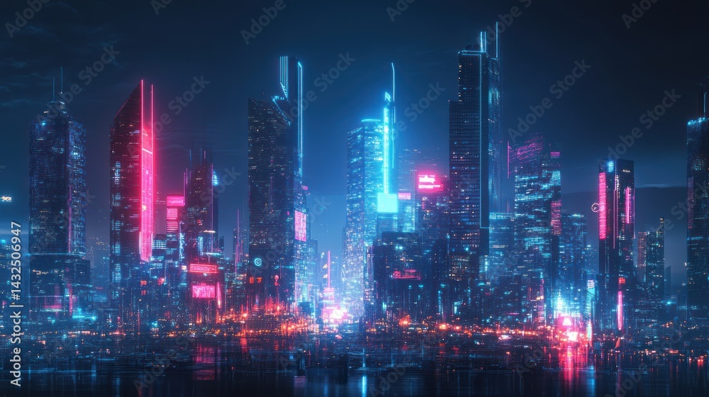 Fototapeta premium Cybernetic Metropolis: A Vivid Nightscape of Neon Lit Skyscrapers and Reflected Lights