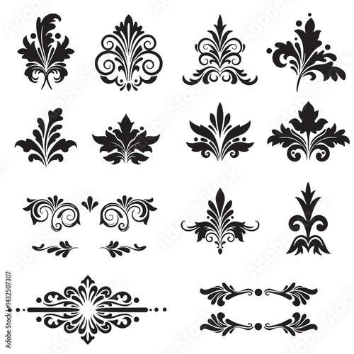 Vector silhouette swill ornament elements bundle with hand drawn decoration features ideal for vintage-themed designs and classy graphic projects
