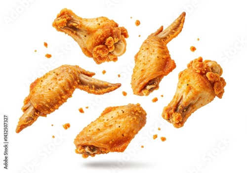 Wallpaper Mural Crispy fried chicken wings with seasoning floating against a plain white background in a food presentation Torontodigital.ca
