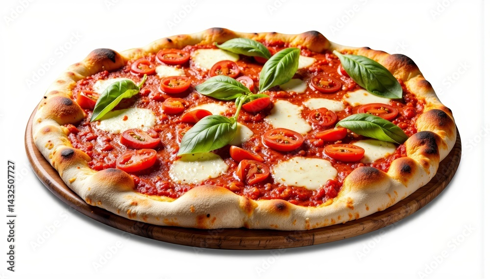 Delicious Margherita Pizza with Basil and Tomatoes on Wooden Board Delicious Margherita Pizza with Basil and Tomatoes on Wooden Board