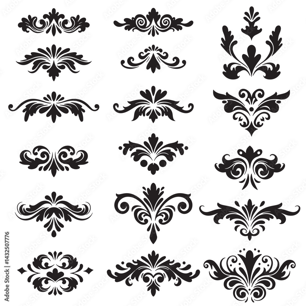 Elegant vector silhouette set of hand drawn swill decoration ornaments bundle featuring antique borders, floral curves, and vintage corner elements for wedding stationery and luxury branding
Elegant vector silhouette set of hand drawn swill decoration ornaments bundle featuring antique borders, floral curves, and vintage corner elements for wedding stationery and luxury branding