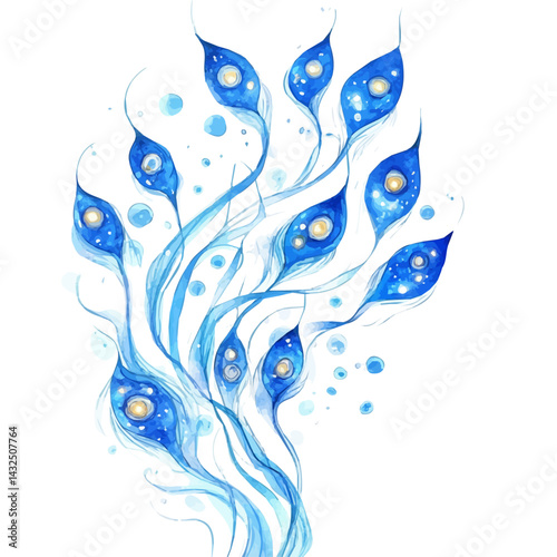 School Of Glowing Plankton Illuminating The Ocean, watercolor illustration, isolated on a white background.