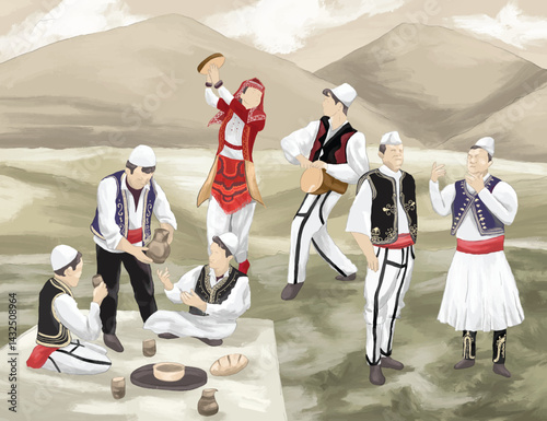 Painting of Albanian cultural tradition scene