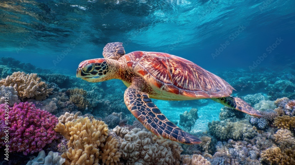 Fototapeta premium Graceful Sea Turtle Swimming Above Vibrant Coral Reef in Crystal Clear Ocean Water, Showcasing Marine Life and Underwater Ecosystem