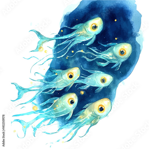 School Of Glowing Plankton Illuminating The Ocean, watercolor illustration, isolated on a white background.