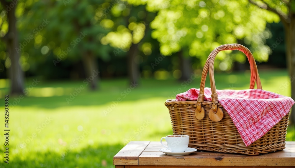 Picnic basket with blanket and cup on wooden table in green park Picnic basket with blanket and cup on wooden table in green park
