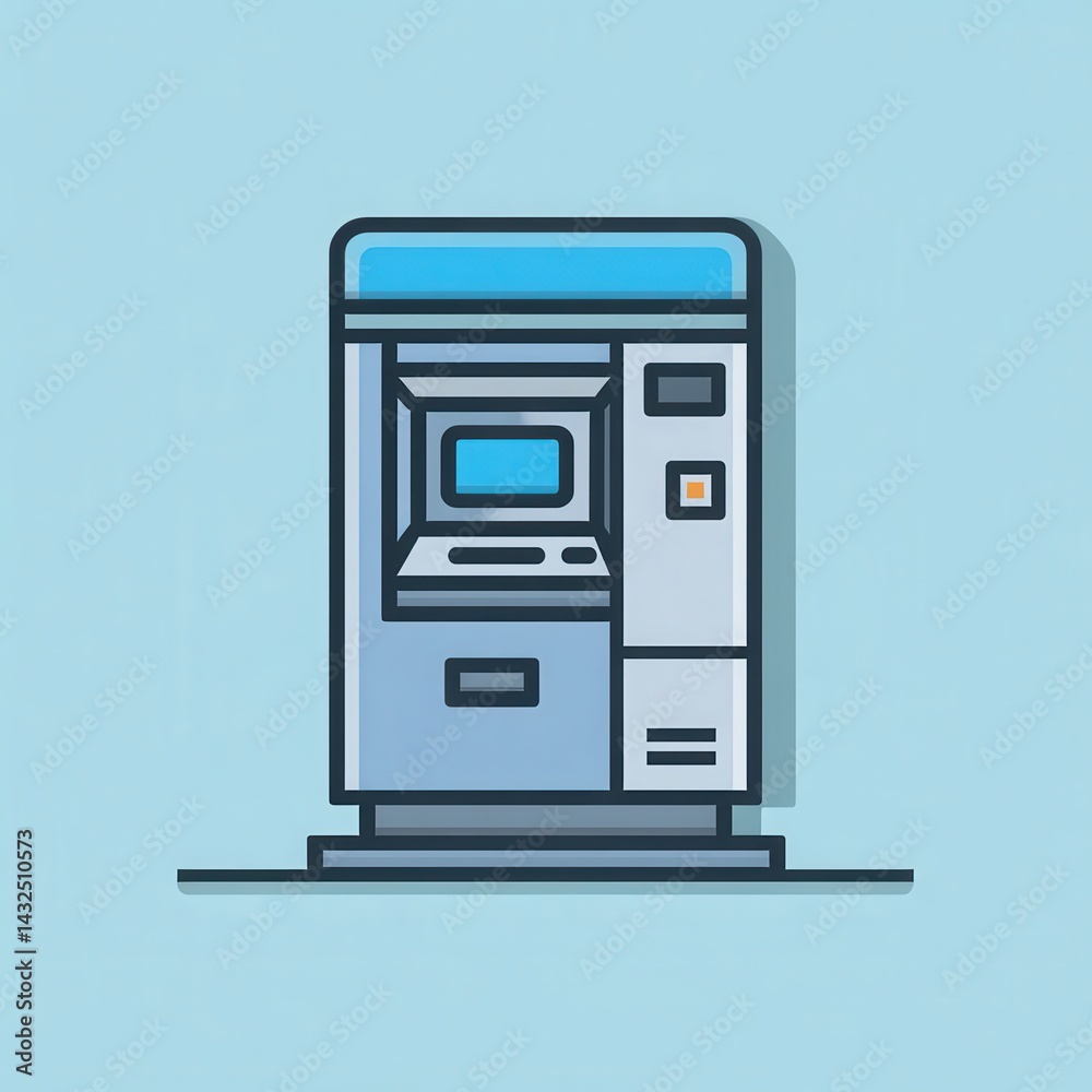 Modern ATM Machine Design with Simple Lines and Colors on a Soft Blue Background for Financial Technology Concepts Modern ATM Machine Design with Simple Lines and Colors on a Soft Blue Background for Financial Technology Concepts