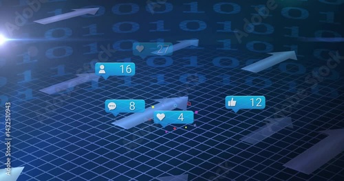 Central semi-transparent 3D arrow rising on grid, displaying blue heart bubble and binary code