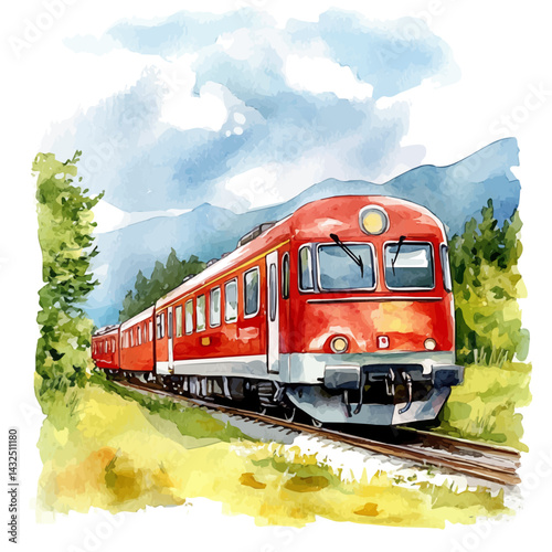 illustration of Scenic Train Ride, watercolor vector, isolated on a white background.