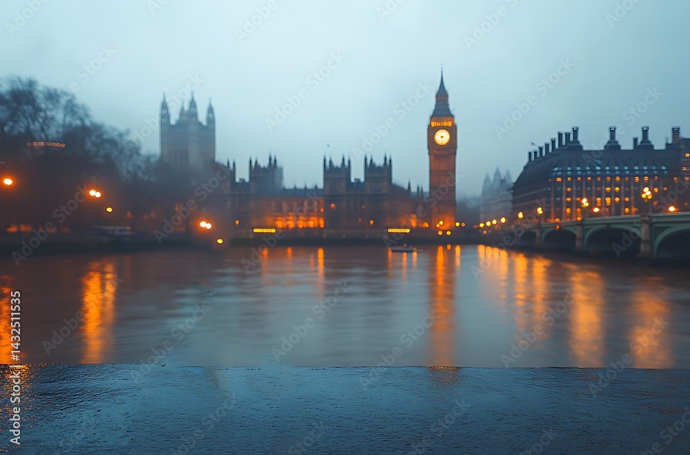 Fototapeta premium Foggy evening view of the houses of parliament and big ben in london