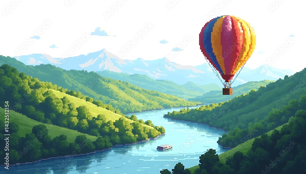 Fototapeta premium A colorful pixel hot air balloon floating above a winding river and green hills, rendered in a pixel art style on a clean white backdrop.