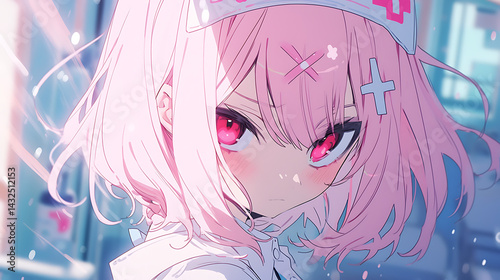 A character with pink hair and striking eyes, dressed as a nurse in a vibrant setting.