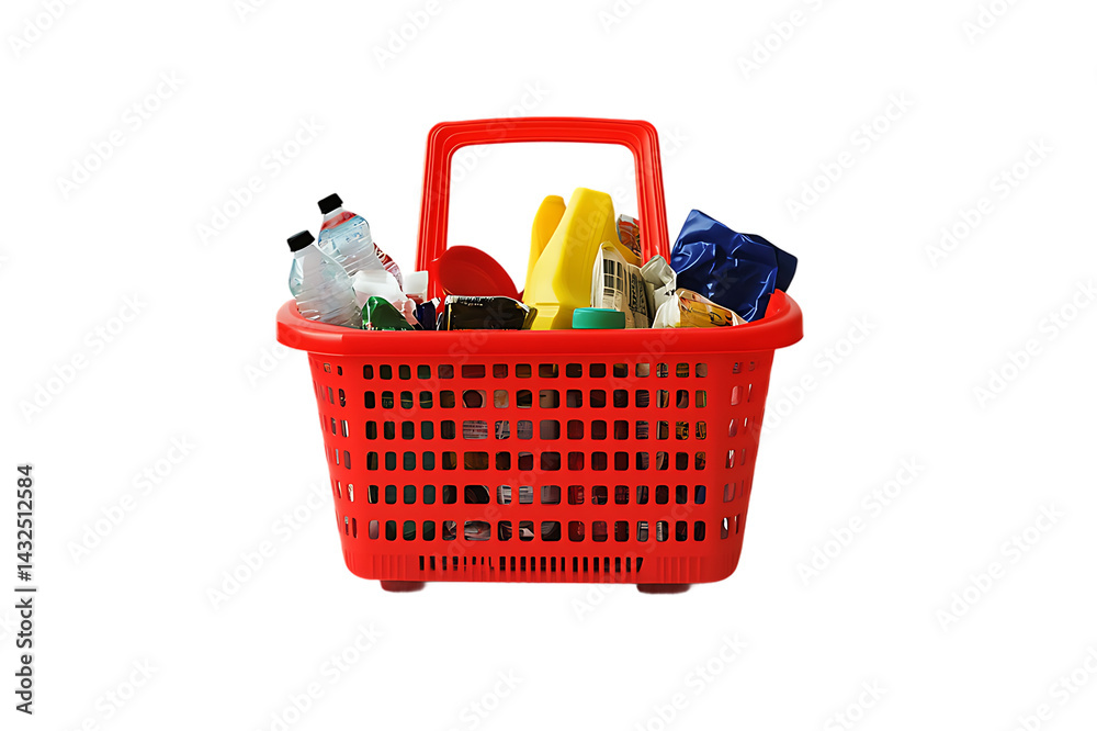 Fototapeta premium Red Plastic Shopping Basket Filled with Household Plastic Waste on Black Background