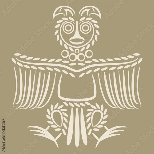 Stylized owl. Ethnic Russian totem bird design from ancient Siberia. Animal Permian style. Monochrome silhouette. 