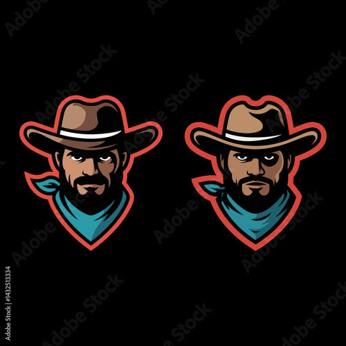 Stylized Cowboy Head Mascot Logo Set Vector Graphic