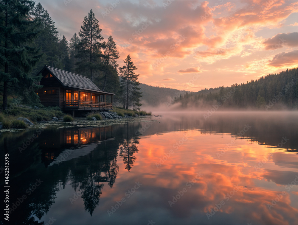 Fototapeta premium The image depicts a serene lakeside scene at sunset, with a cozy cabin illuminated from within